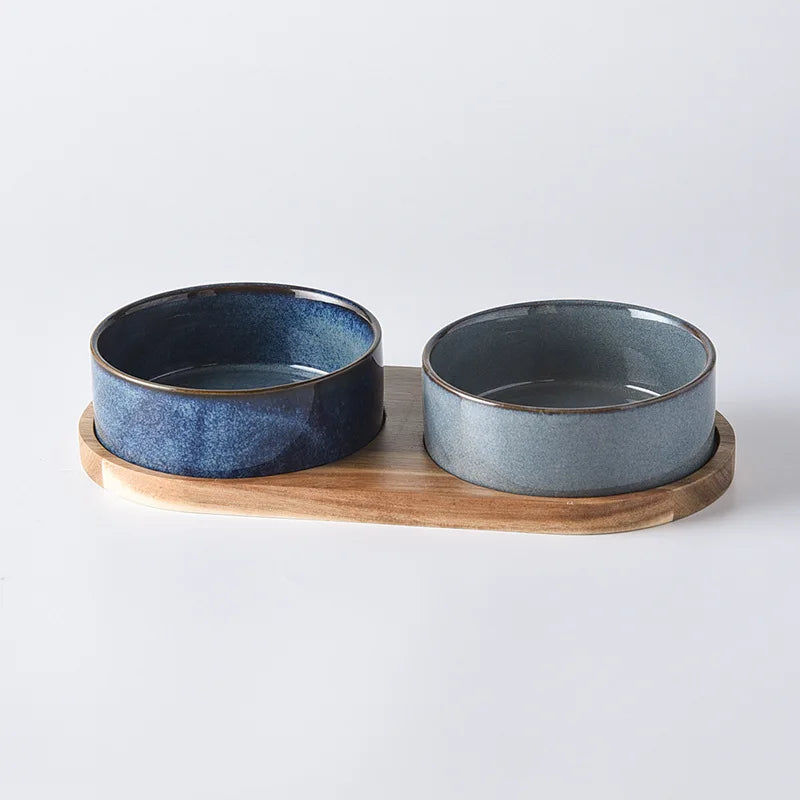 Glazed Ceramic Cat Food Bowl Set