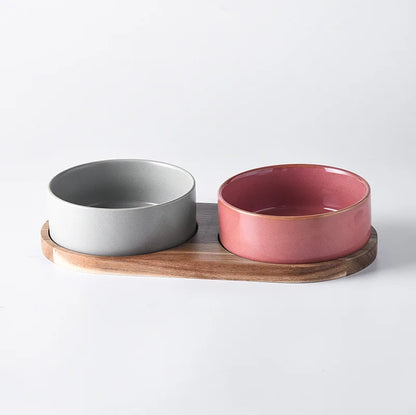 Glazed Ceramic Cat Food Bowl Set