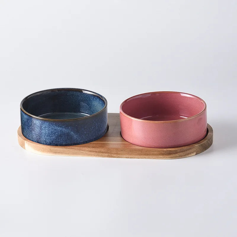 Glazed Ceramic Cat Food Bowl Set