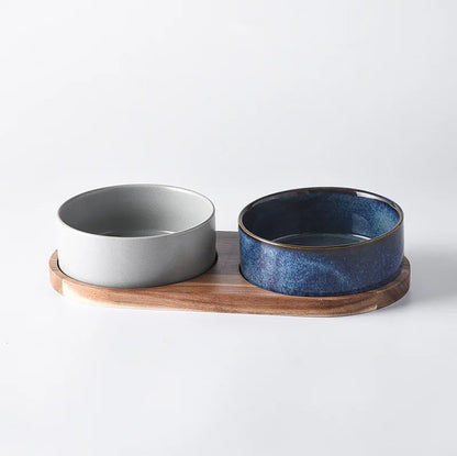 Glazed Ceramic Cat Food Bowl Set