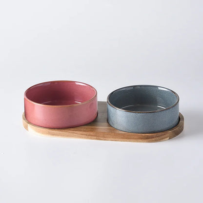 Glazed Ceramic Cat Food Bowl Set