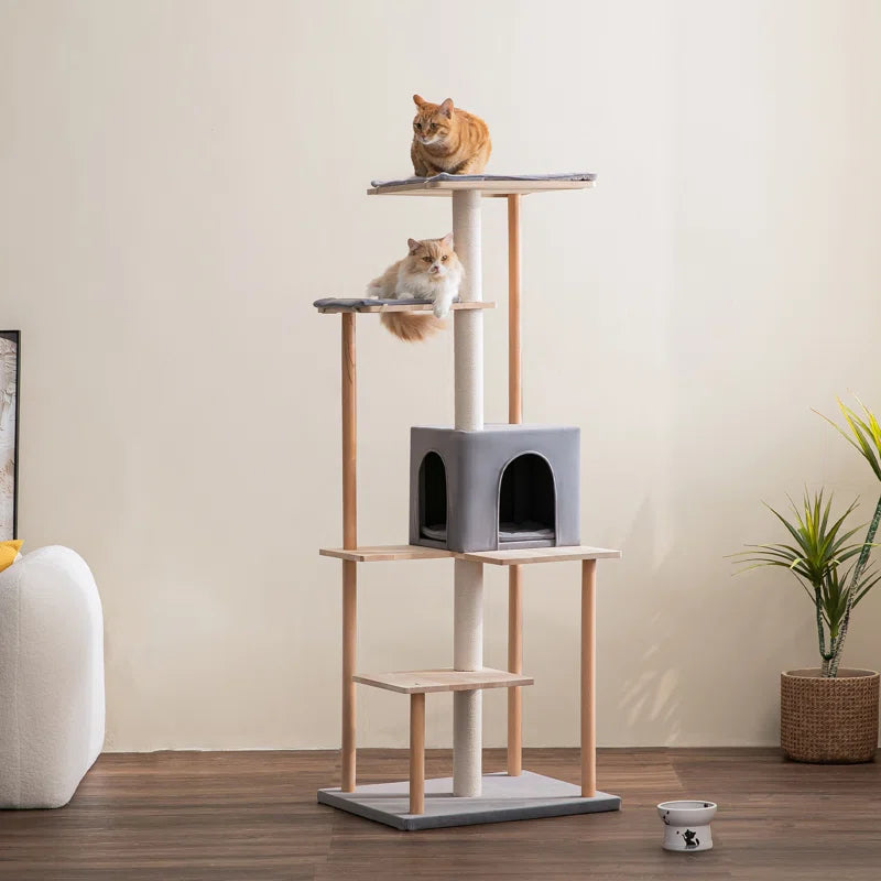 Torreus Cat Tree Upscale Light Wooden Cat Tower Light Gray